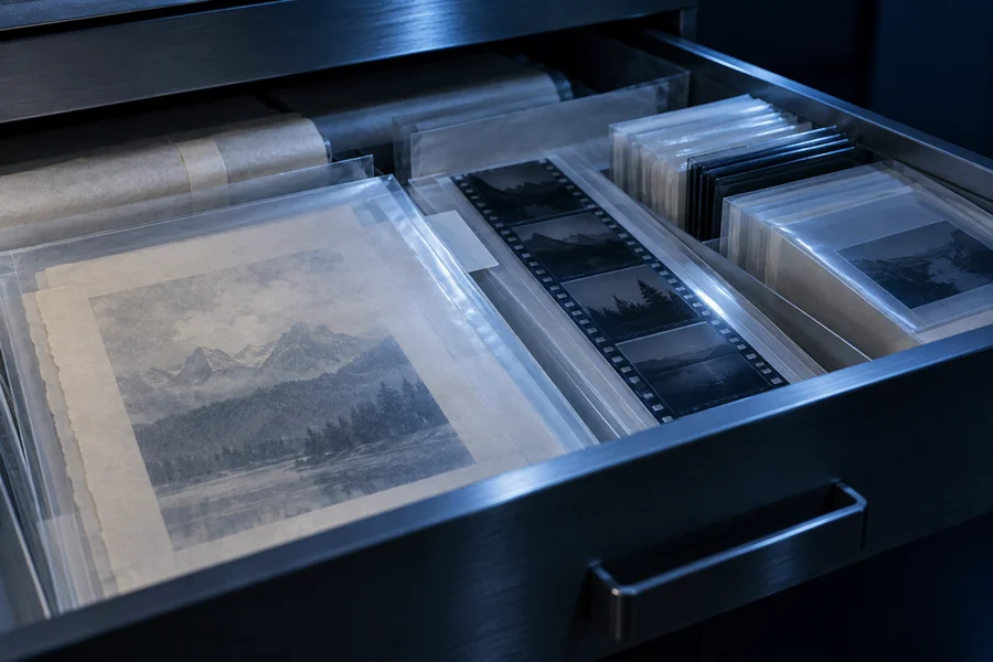 Illustration of archival photographs and records in a preservation drawer