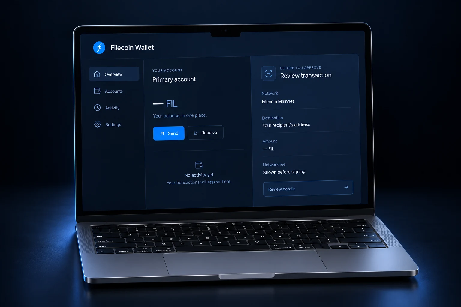 Laptop illustration displaying the Filecoin Wallet interface, with account overview and transaction review